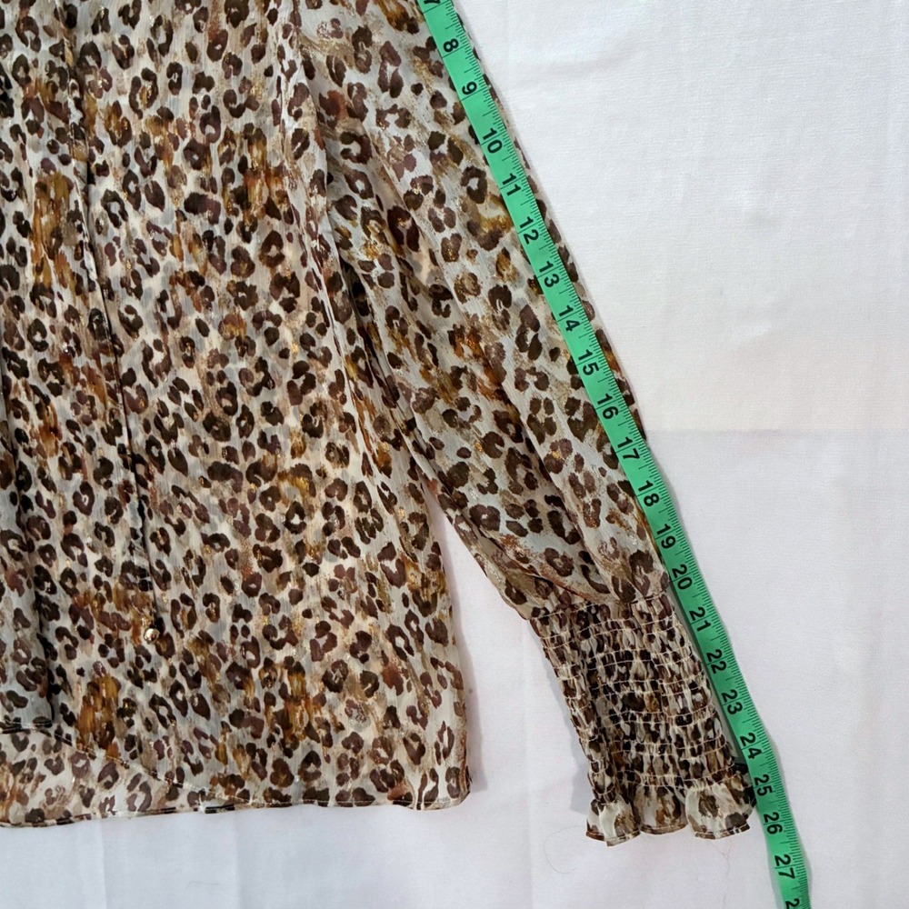 By The River Top Womens Large Brown Leopard Metallic Sheer Smocked Cuff Flowy - Picture 5 of 10